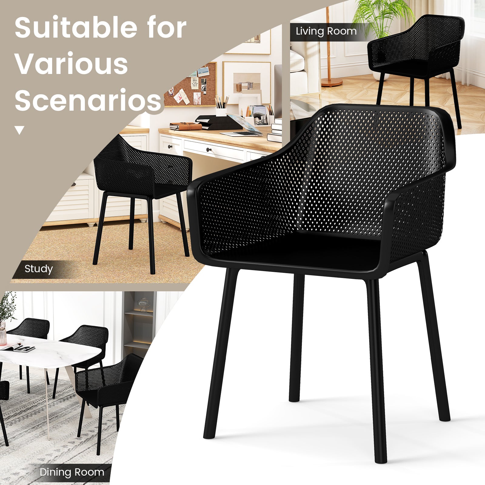 Modern Plastic Dining Chairs Set of 4 Kitchen Armchairs with Breathable Mesh Backrest, Black Dining Chairs at Gallery Canada
