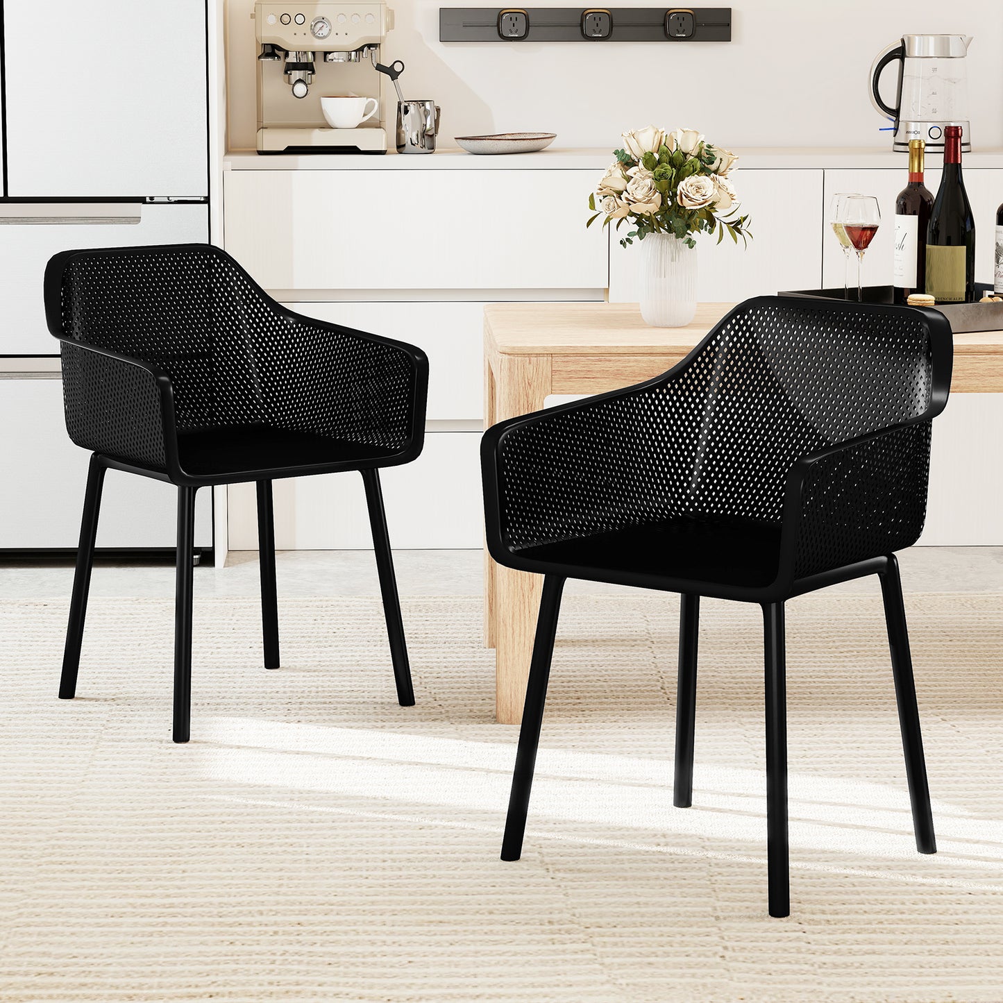 Modern Plastic Dining Chairs Set of 2 Kitchen Armchairs with Breathable Mesh Backres, Black Dining Chairs at Gallery Canada