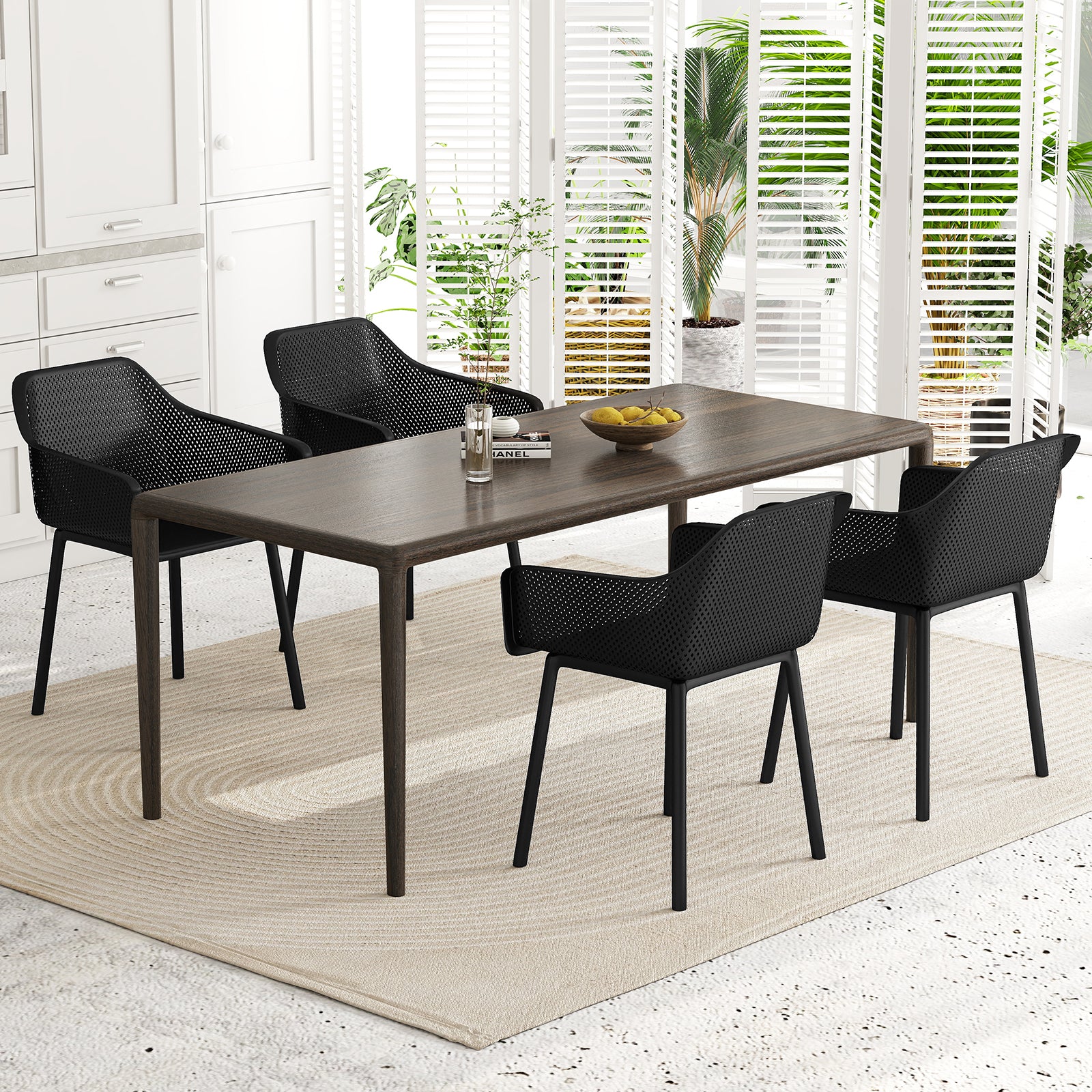 Modern Plastic Dining Chairs Set of 2 Kitchen Armchairs with Breathable Mesh Backres, Black Dining Chairs at Gallery Canada