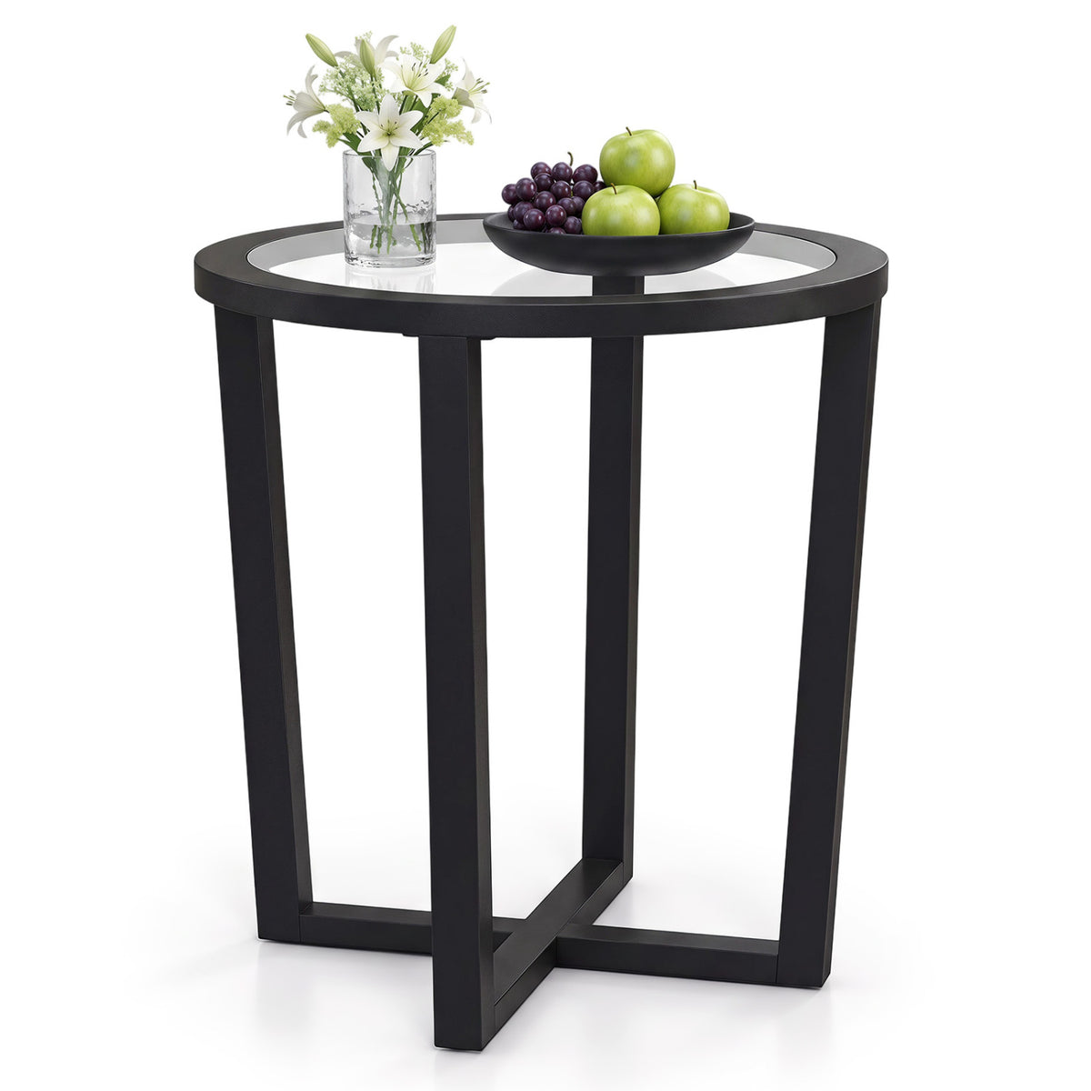 Table d'appoint ronde moderne, plateau en verre trempé transparent, noir