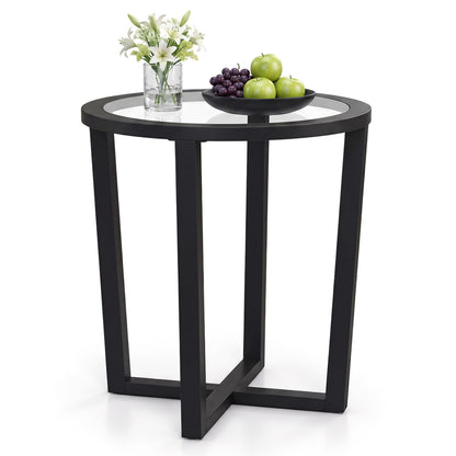 Table d'appoint ronde moderne, plateau en verre trempé transparent, noir