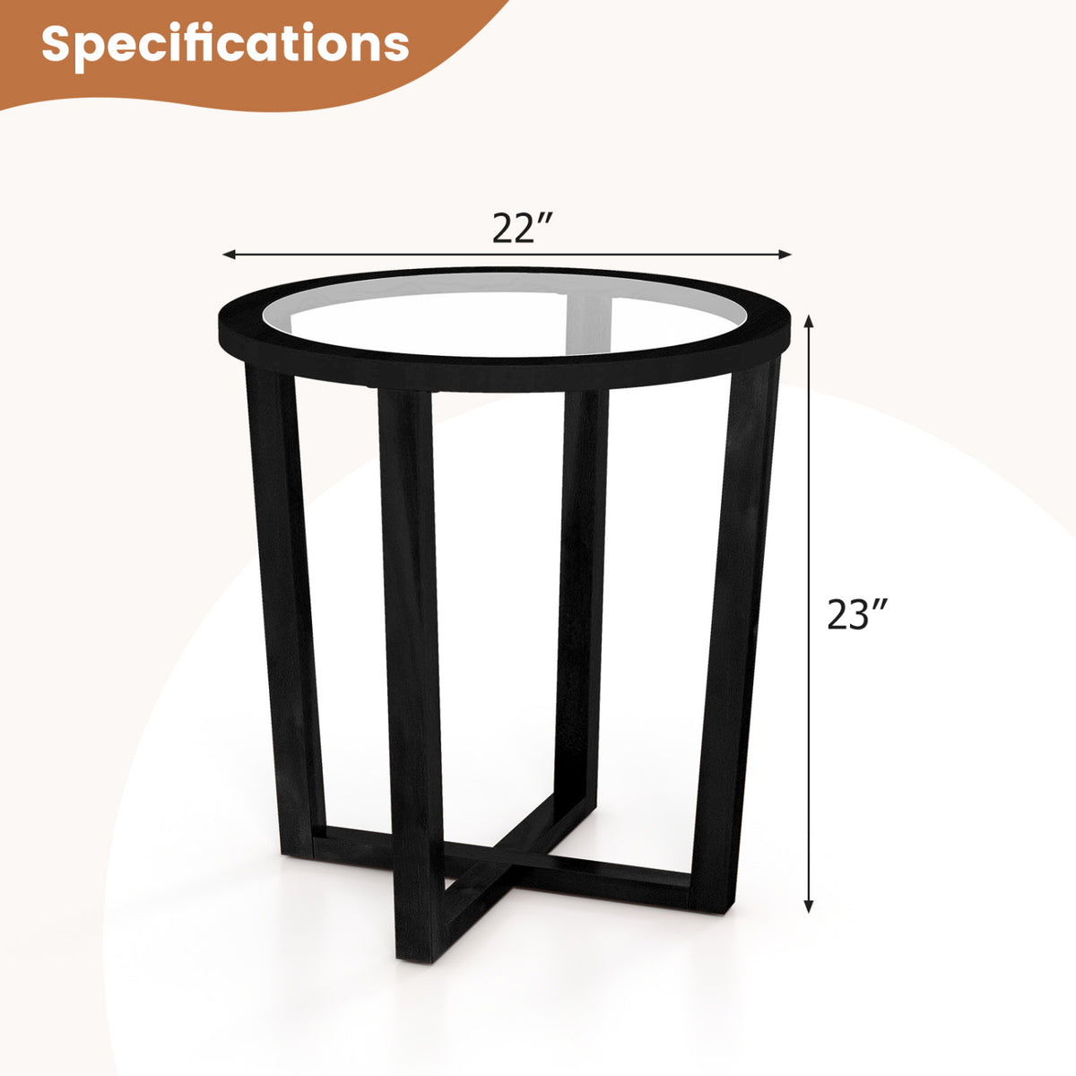 Table d'appoint ronde moderne, plateau en verre trempé transparent, noir