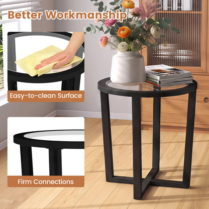 Table d'appoint ronde moderne, plateau en verre trempé transparent, noir