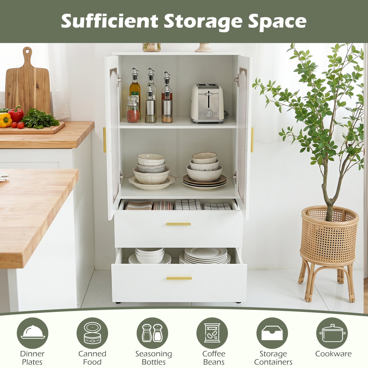 Modern Sideboard Buffet Cabinet with Fluted Doors, White