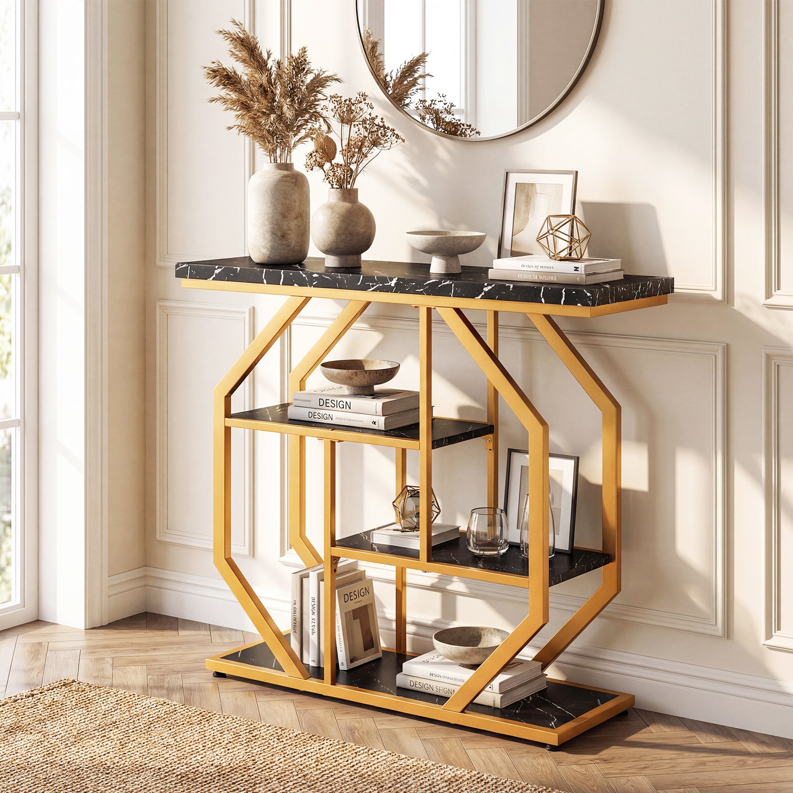 Modern Sofa Table Behind Couch 4-Tier Console Table with Faux Marble Tabletop, Black Console Tables at Gallery Canada
