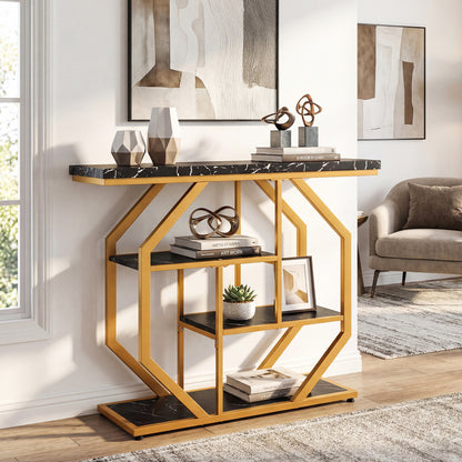 Modern Sofa Table Behind Couch 4-Tier Console Table with Faux Marble Tabletop, Black Console Tables at Gallery Canada