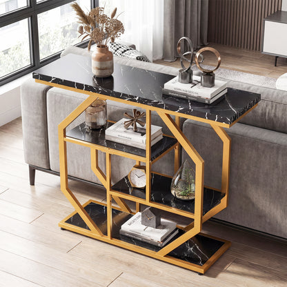 Modern Sofa Table Behind Couch 4-Tier Console Table with Faux Marble Tabletop, Black Console Tables at Gallery Canada