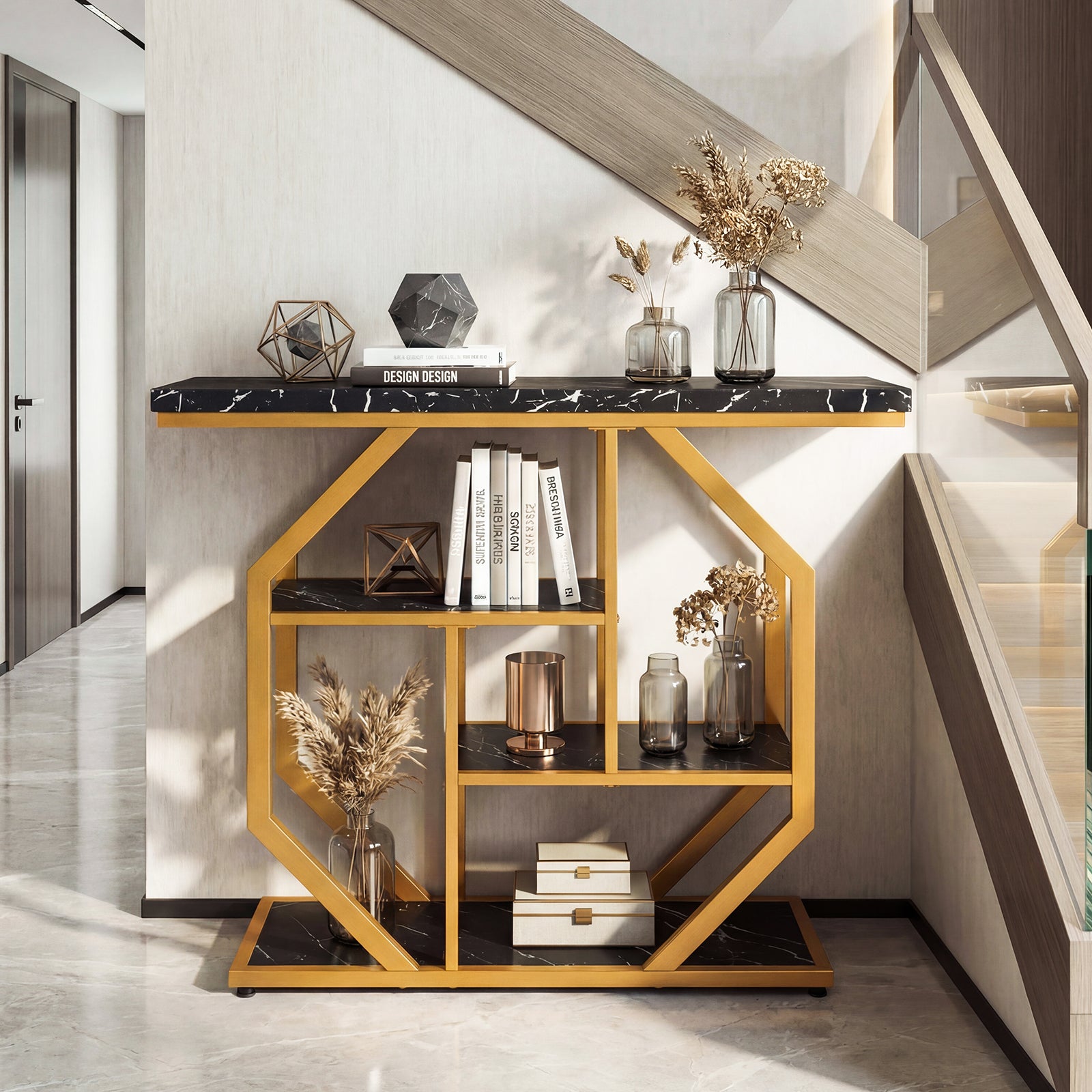 Modern Sofa Table Behind Couch 4-Tier Console Table with Faux Marble Tabletop, Black Console Tables at Gallery Canada