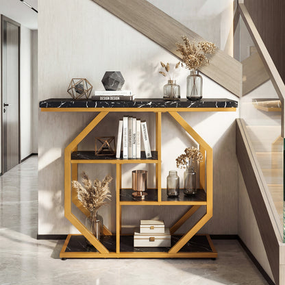 Modern Sofa Table Behind Couch 4-Tier Console Table with Faux Marble Tabletop, Black Console Tables at Gallery Canada