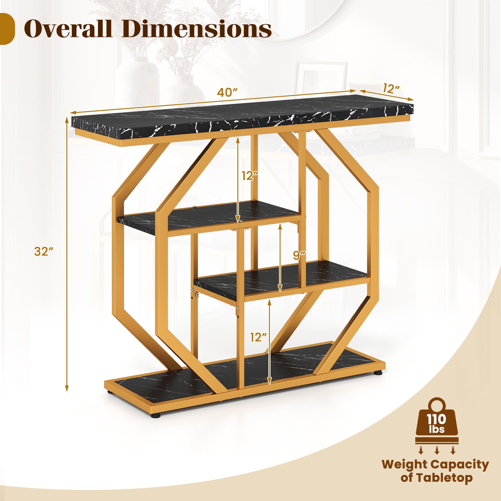 Modern Sofa Table Behind Couch 4-Tier Console Table with Faux Marble Tabletop, Black Console Tables at Gallery Canada