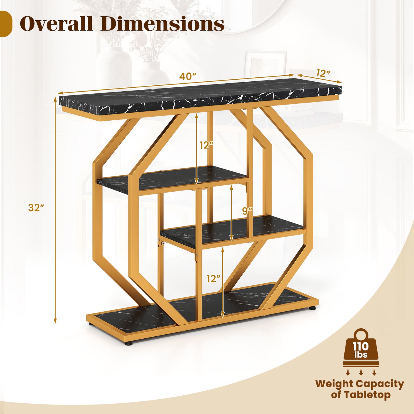 Modern Sofa Table Behind Couch 4-Tier Console Table with Faux Marble Tabletop, Black Console Tables at Gallery Canada