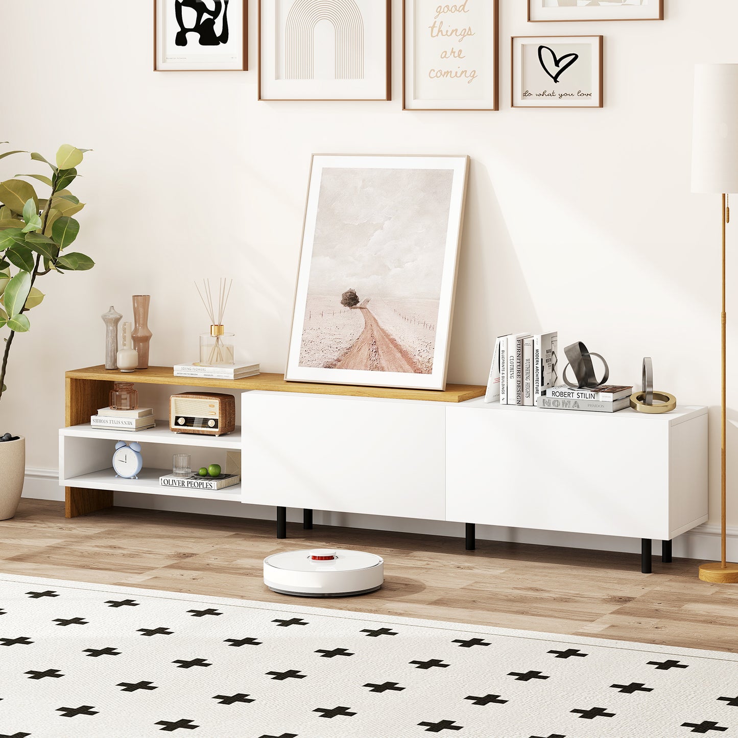 Modern TV Stand for 80 Inches TVs with Storage Shelves and Cabinets, White