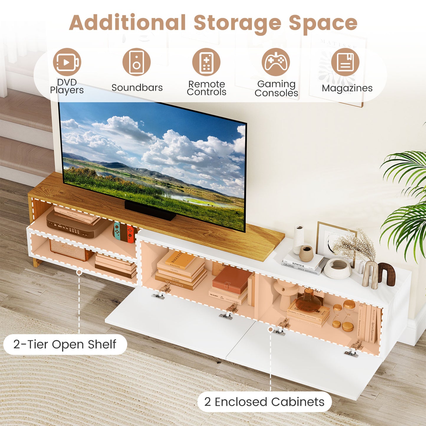 Modern TV Stand for 80 Inches TVs with Storage Shelves and Cabinets, White