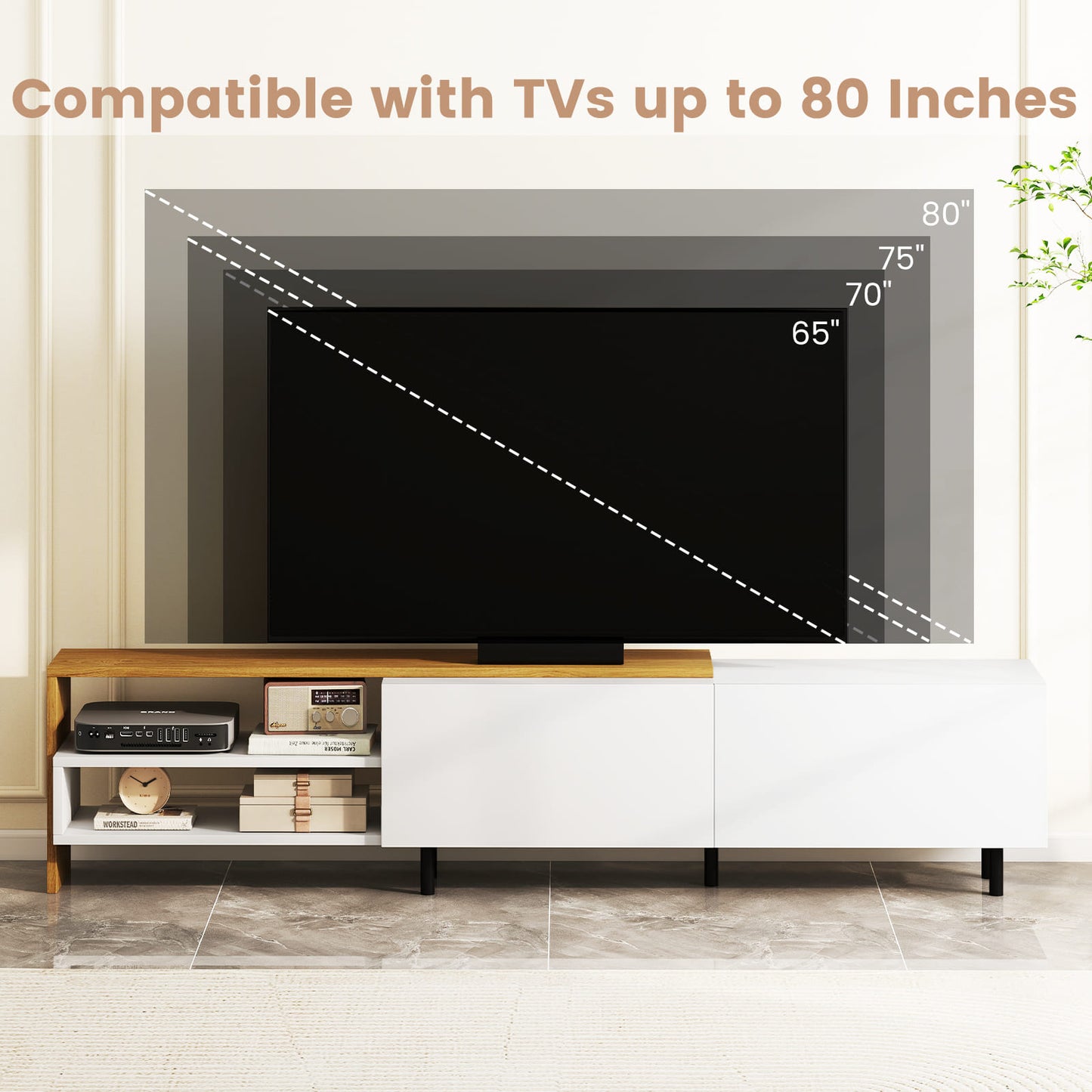 Modern TV Stand for 80 Inches TVs with Storage Shelves and Cabinets, White