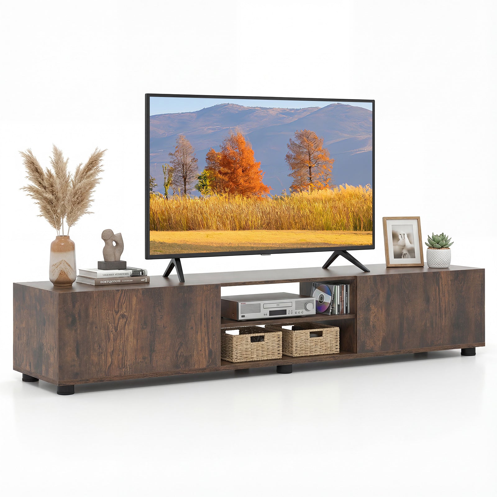 Modern TV Stand For 70" TVs, 2 Doors And Shelves, Brown