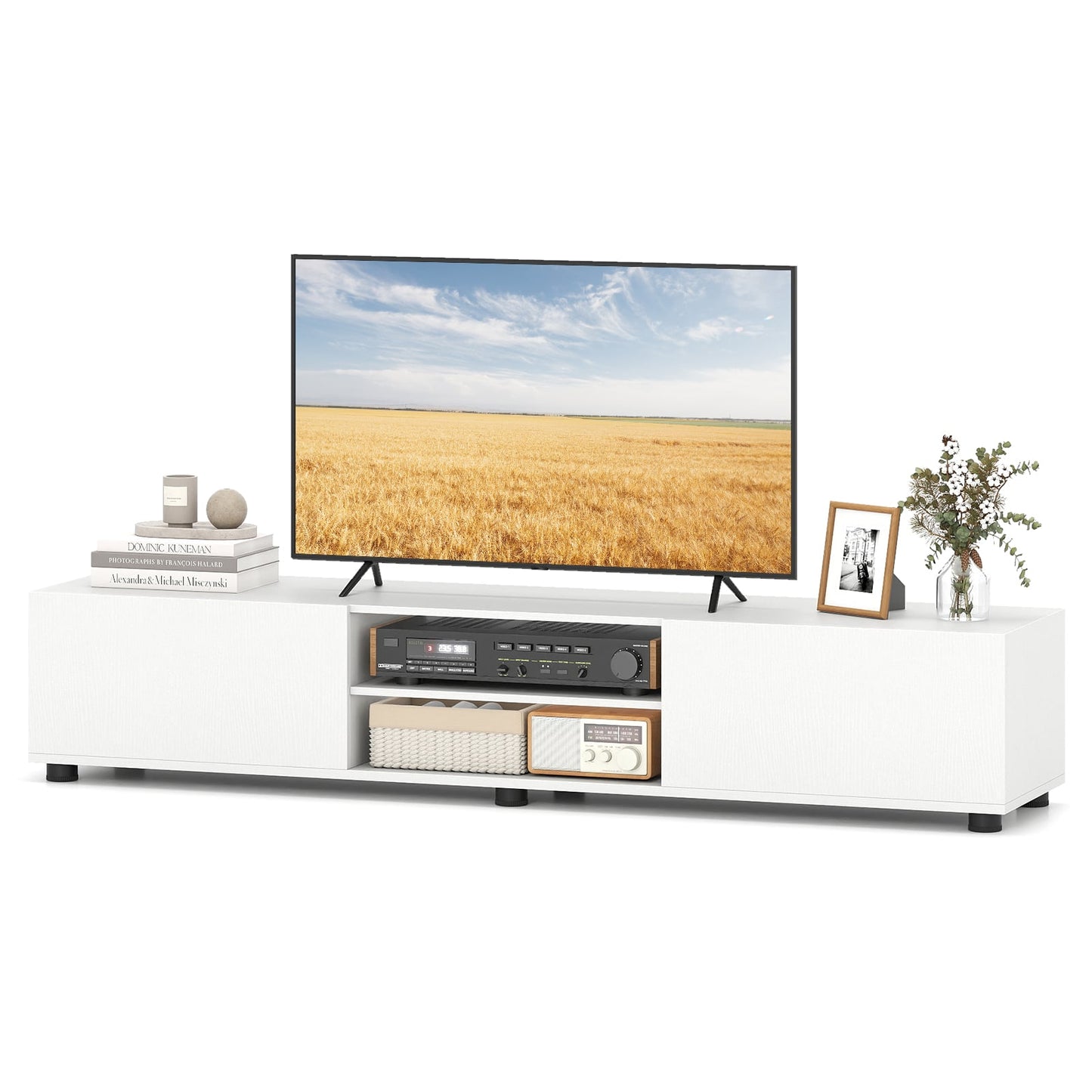 Modern TV Stand For 70" TVs, 2 Doors And Open Shelves, White Entertainment Centers & TV Stands at Gallery Canada