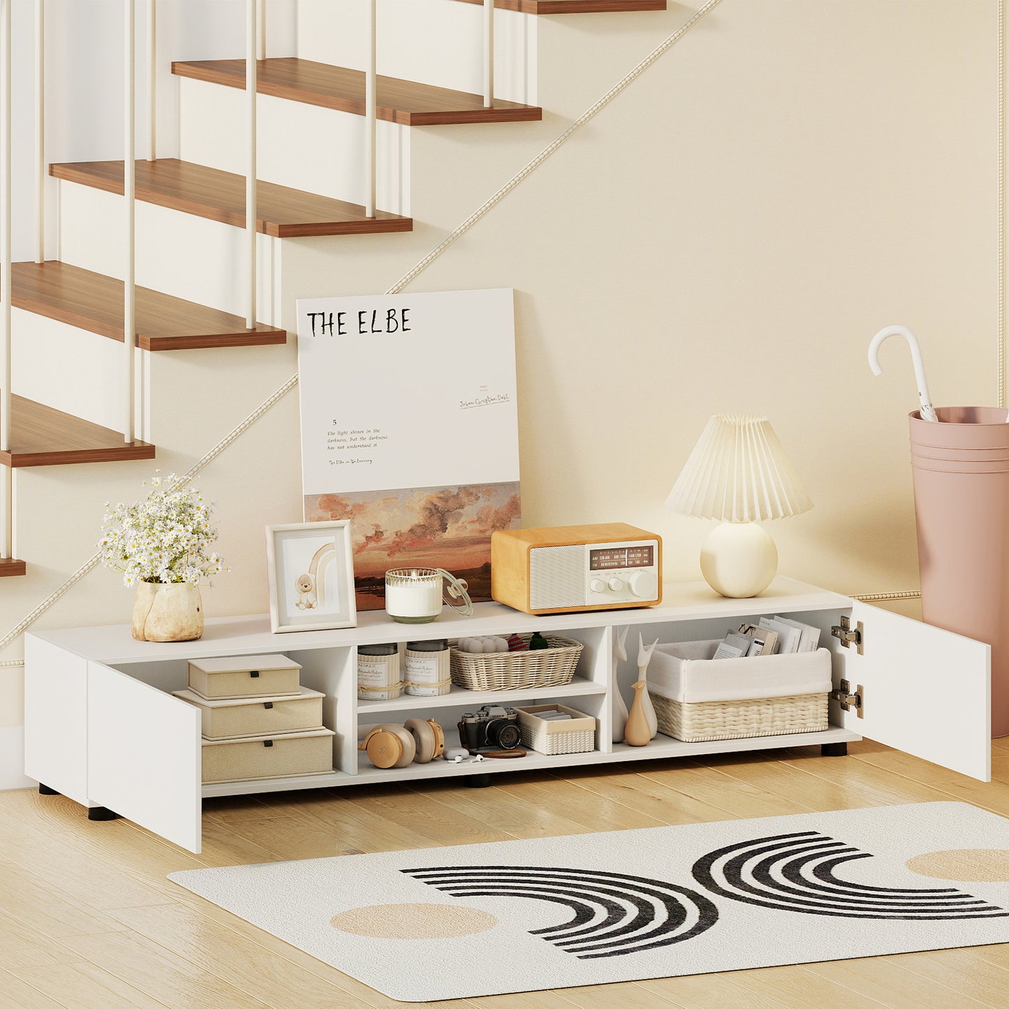 Modern TV Stand For 70" TVs, 2 Doors And Open Shelves, White Entertainment Centers & TV Stands at Gallery Canada
