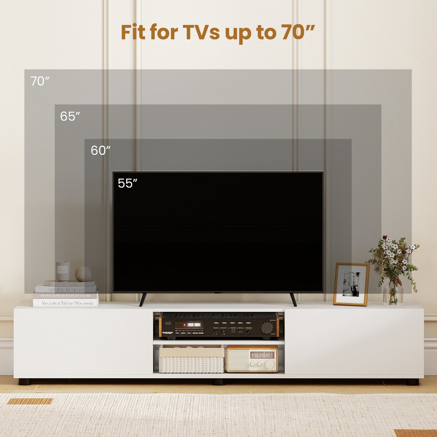 Modern TV Stand For 70" TVs, 2 Doors And Open Shelves, White Entertainment Centers & TV Stands at Gallery Canada