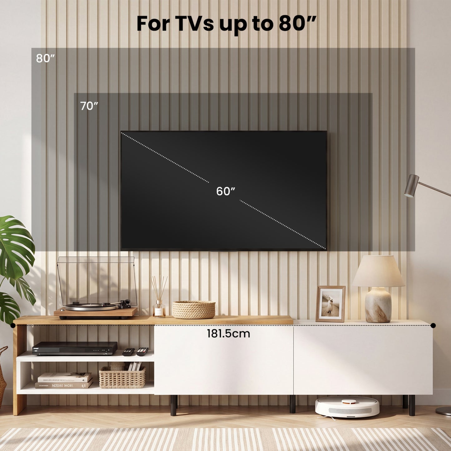 Modern TV Stand for 80 Inches TVs with Storage Shelves and Cabinets, White Entertainment Centers & TV Stands at Gallery Canada
