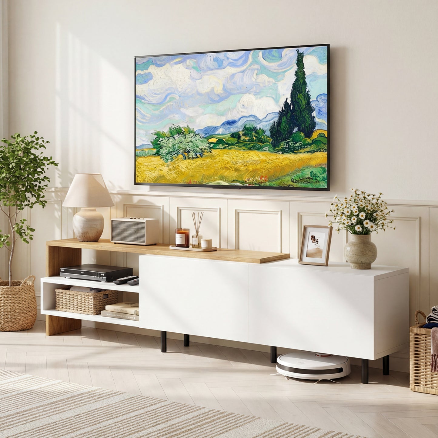 Modern TV Stand for 80 Inches TVs with Storage Shelves and Cabinets, White Entertainment Centers & TV Stands at Gallery Canada