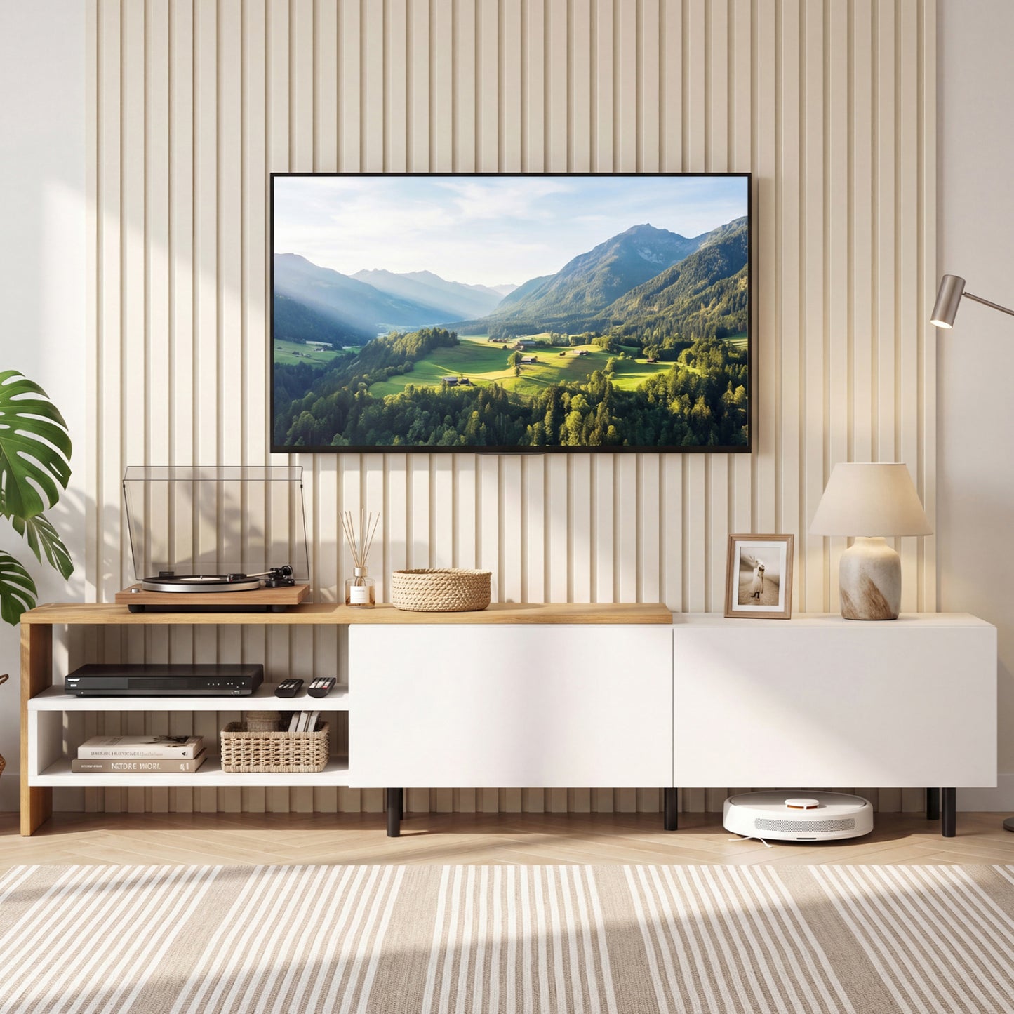 Modern TV Stand for 80 Inches TVs with Storage Shelves and Cabinets, White Entertainment Centers & TV Stands at Gallery Canada