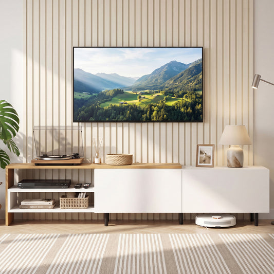 Modern TV Stand for 80 Inches TVs with Storage Shelves and Cabinets, White Entertainment Centers & TV Stands White at Gallery Canada