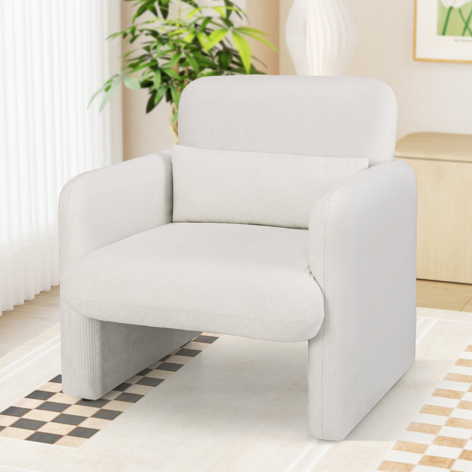 Modern Upholstered Chenille Accent Chair with Removable Lumbar Pillow, White Accent Chairs at Gallery Canada