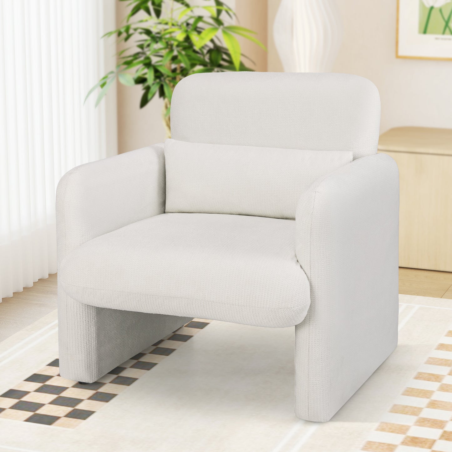 Modern Upholstered Chenille Accent Chair with Removable Lumbar Pillow, White Accent Chairs at Gallery Canada