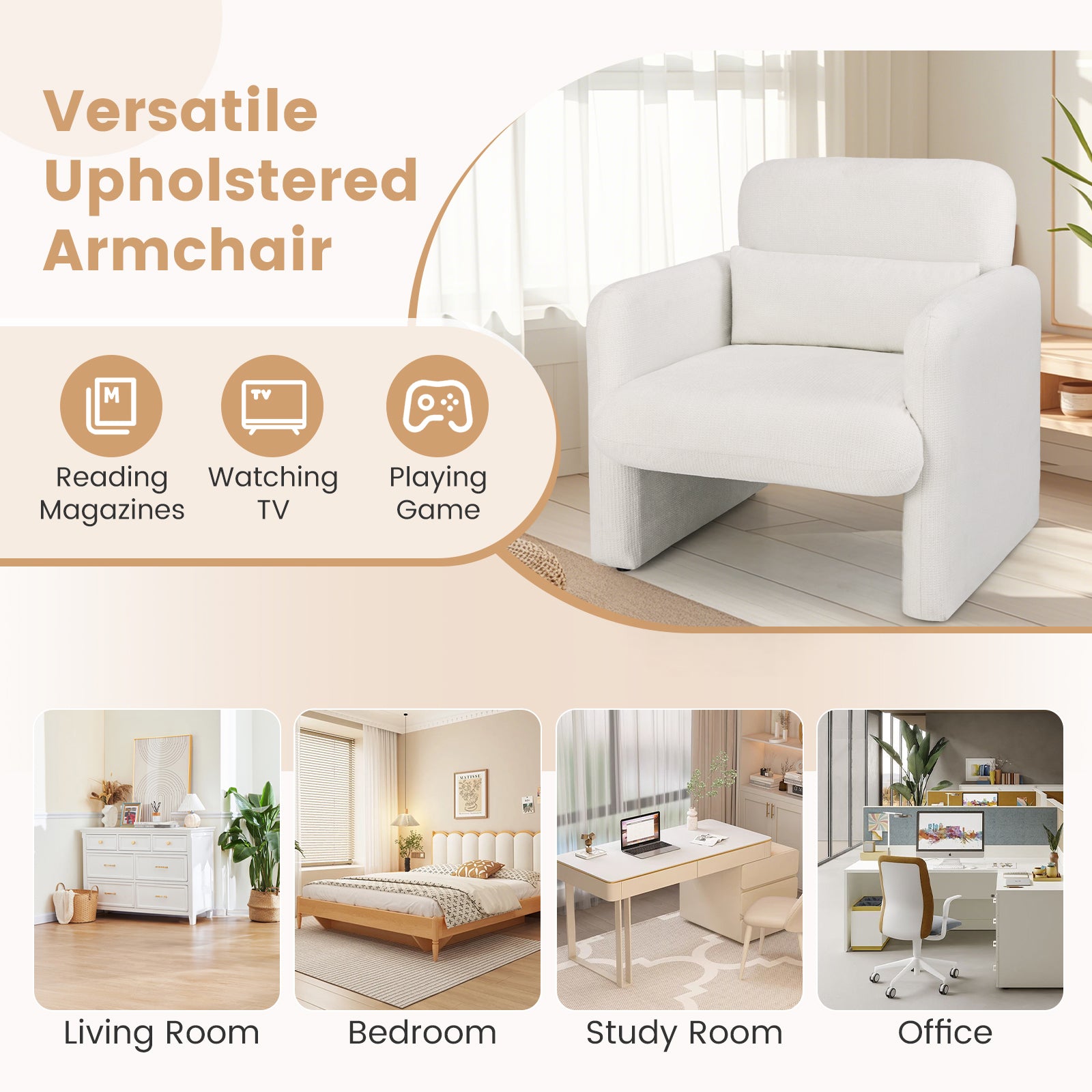 Modern Upholstered Chenille Accent Chair with Removable Lumbar Pillow, White Accent Chairs at Gallery Canada