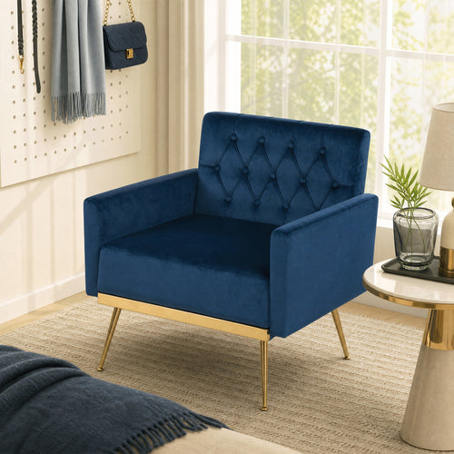 Velvet Upholstered Accent Chair, Button-Tufted Back, Blue