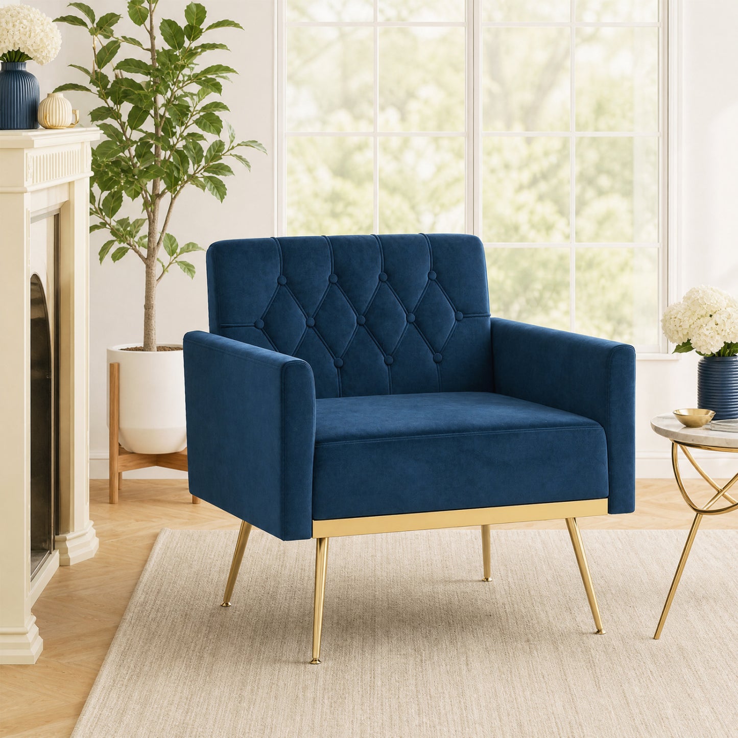 Velvet Upholstered Accent Chair, Button-Tufted Back, Blue