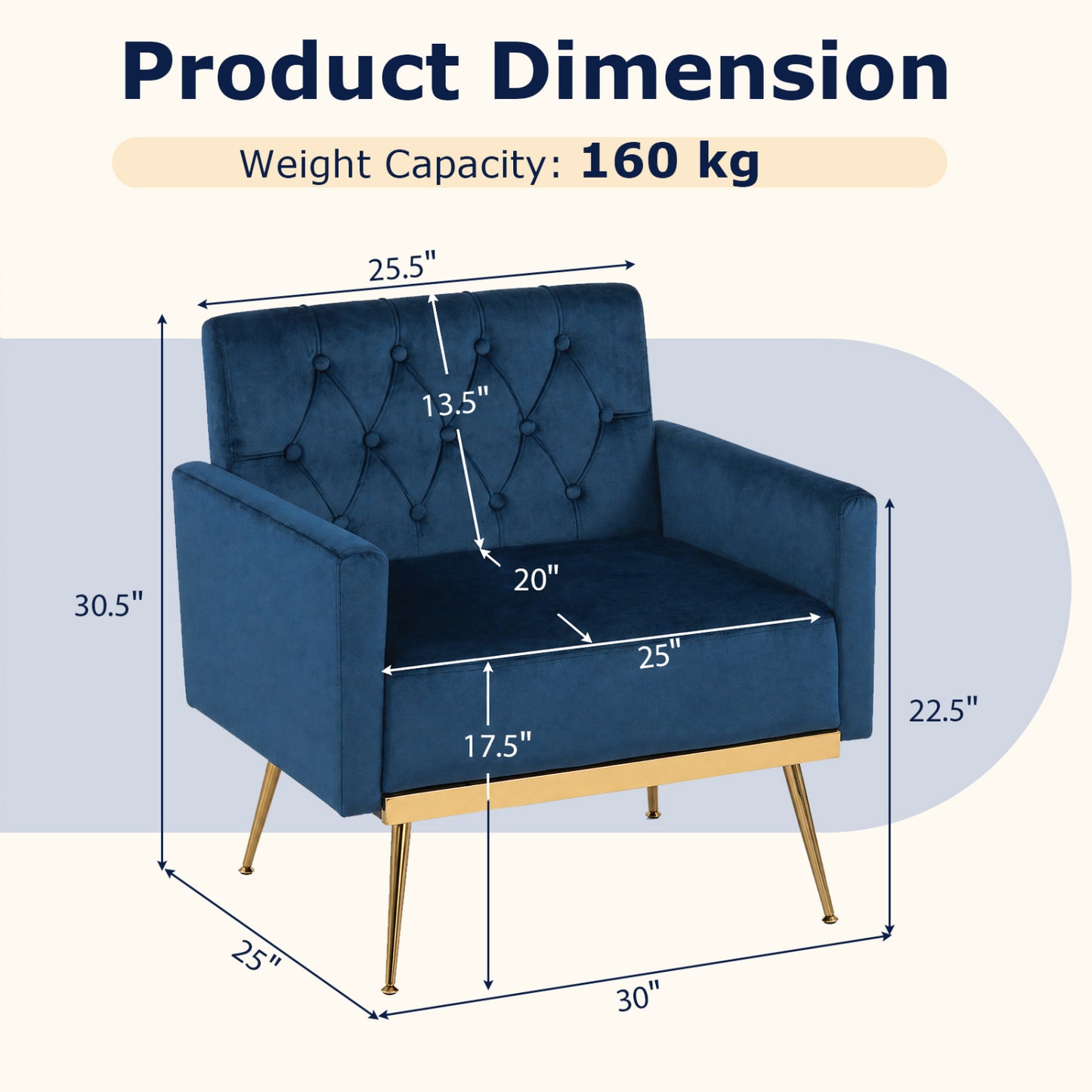 Velvet Upholstered Accent Chair, Button-Tufted Back, Blue