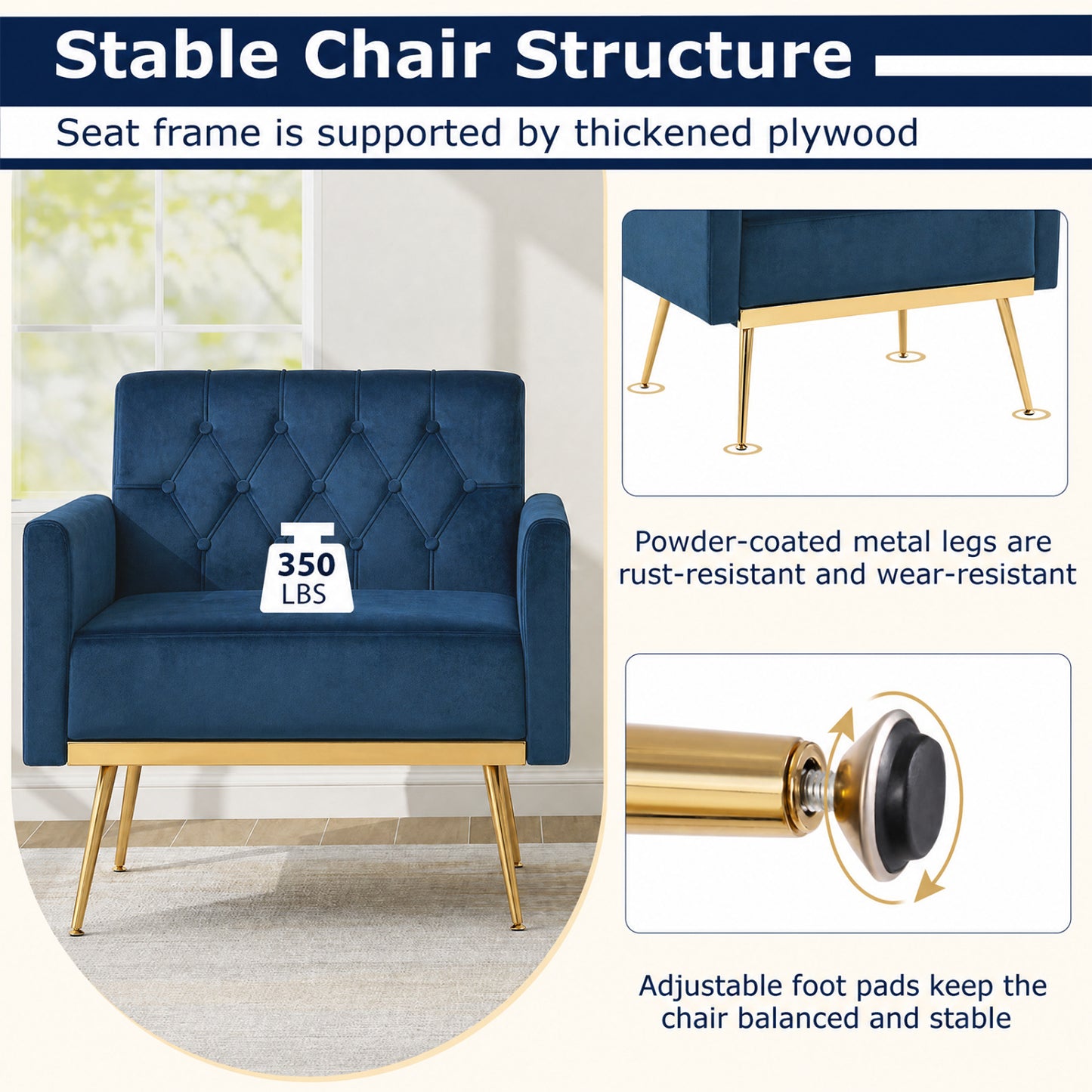 Velvet Upholstered Accent Chair, Button-Tufted Back, Blue