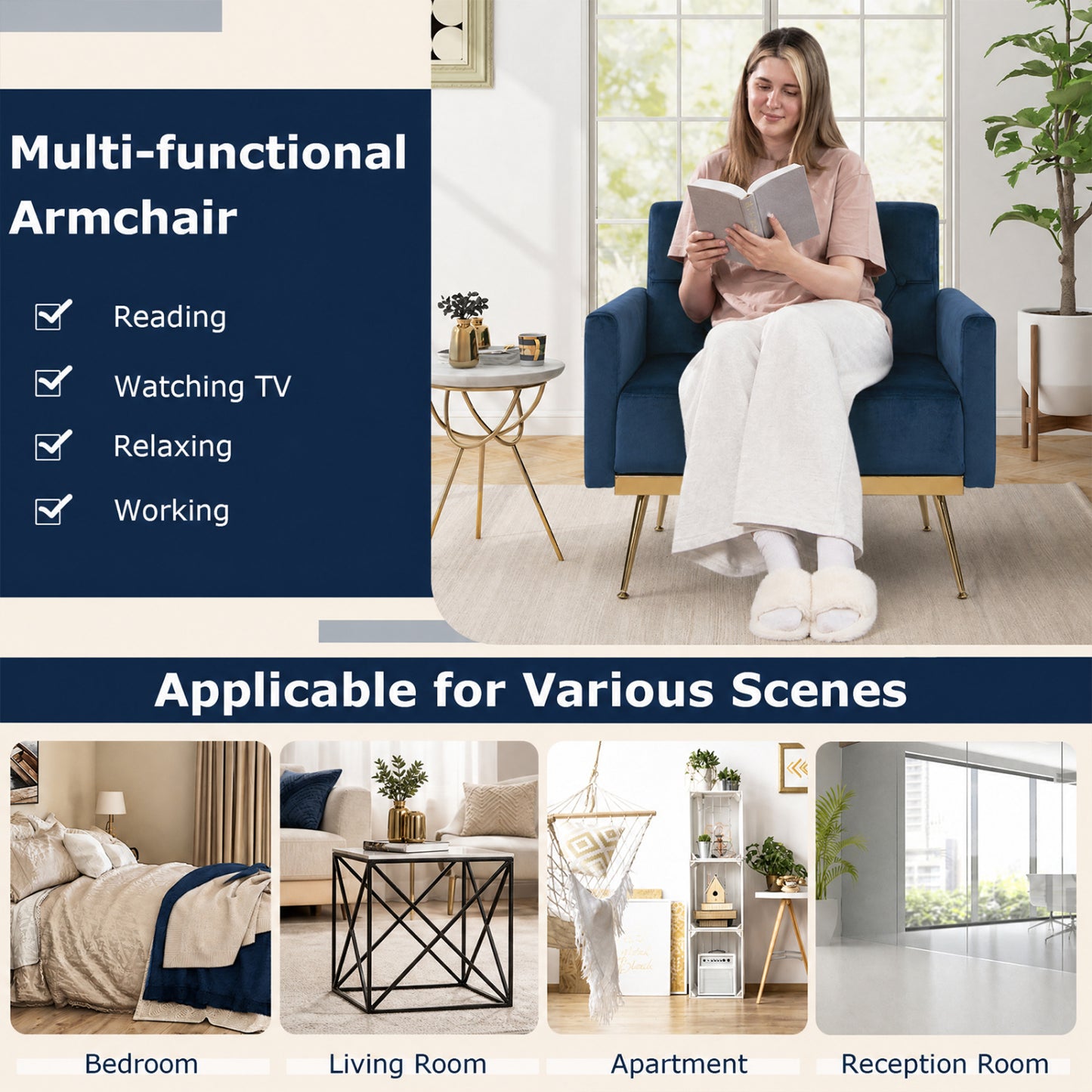 Velvet Upholstered Accent Chair, Button-Tufted Back, Blue