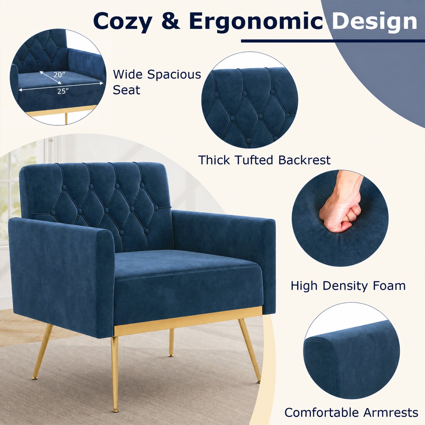 Velvet Upholstered Accent Chair, Button-Tufted Back, Blue