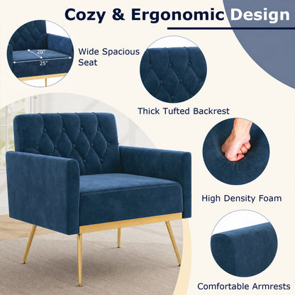 Velvet Upholstered Accent Chair, Button-Tufted Back, Blue
