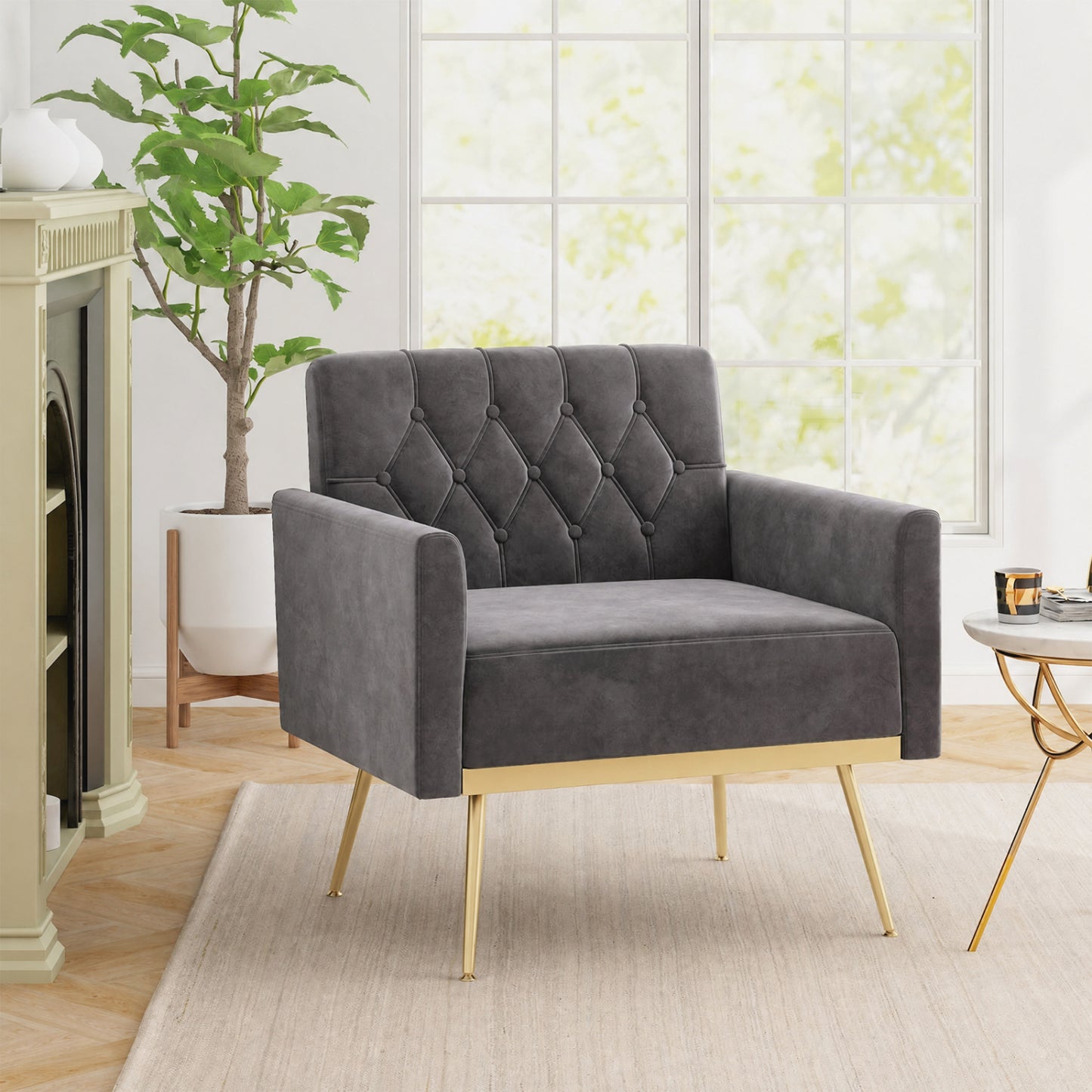 Velvet Upholstered Accent Chair with Button Tufted Back, Gray