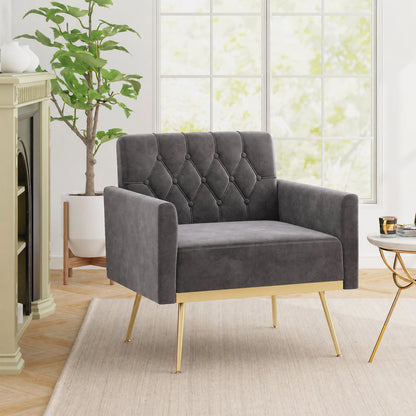 Velvet Upholstered Accent Chair with Button Tufted Back, Gray