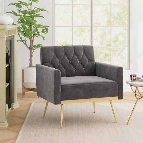 Velvet Upholstered Accent Chair with Button Tufted Back, Gray