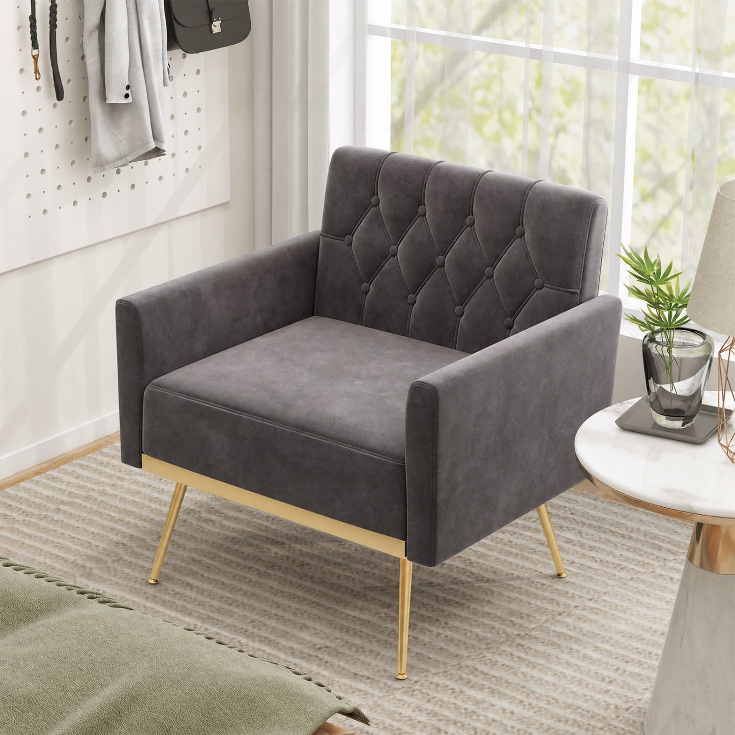 Velvet Upholstered Accent Chair with Button Tufted Back, Gray