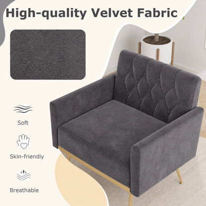 Velvet Upholstered Accent Chair with Button Tufted Back, Gray