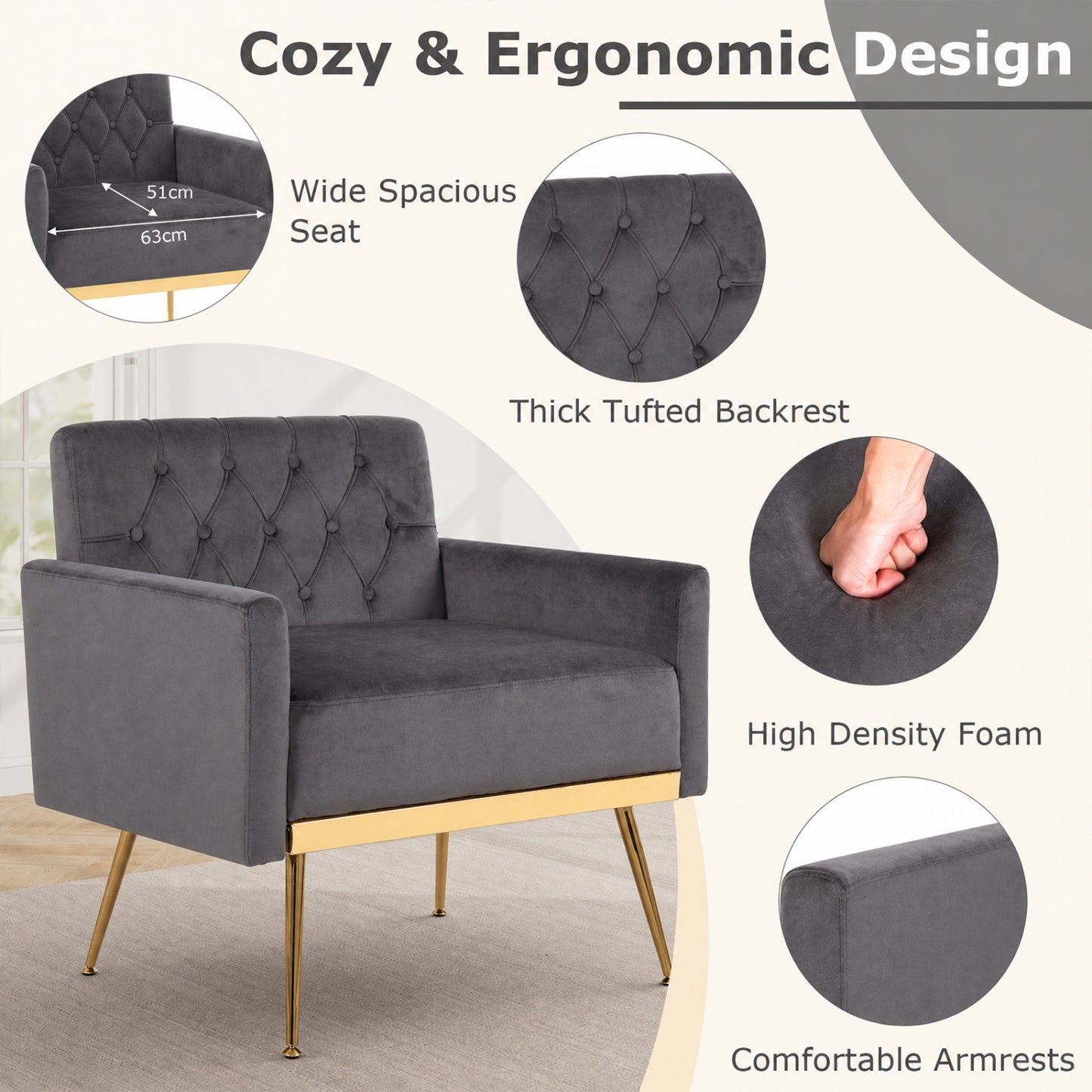 Velvet Upholstered Accent Chair with Button Tufted Back, Gray