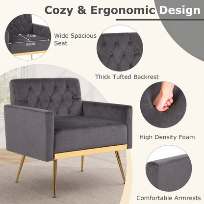 Velvet Upholstered Accent Chair with Button Tufted Back, Gray