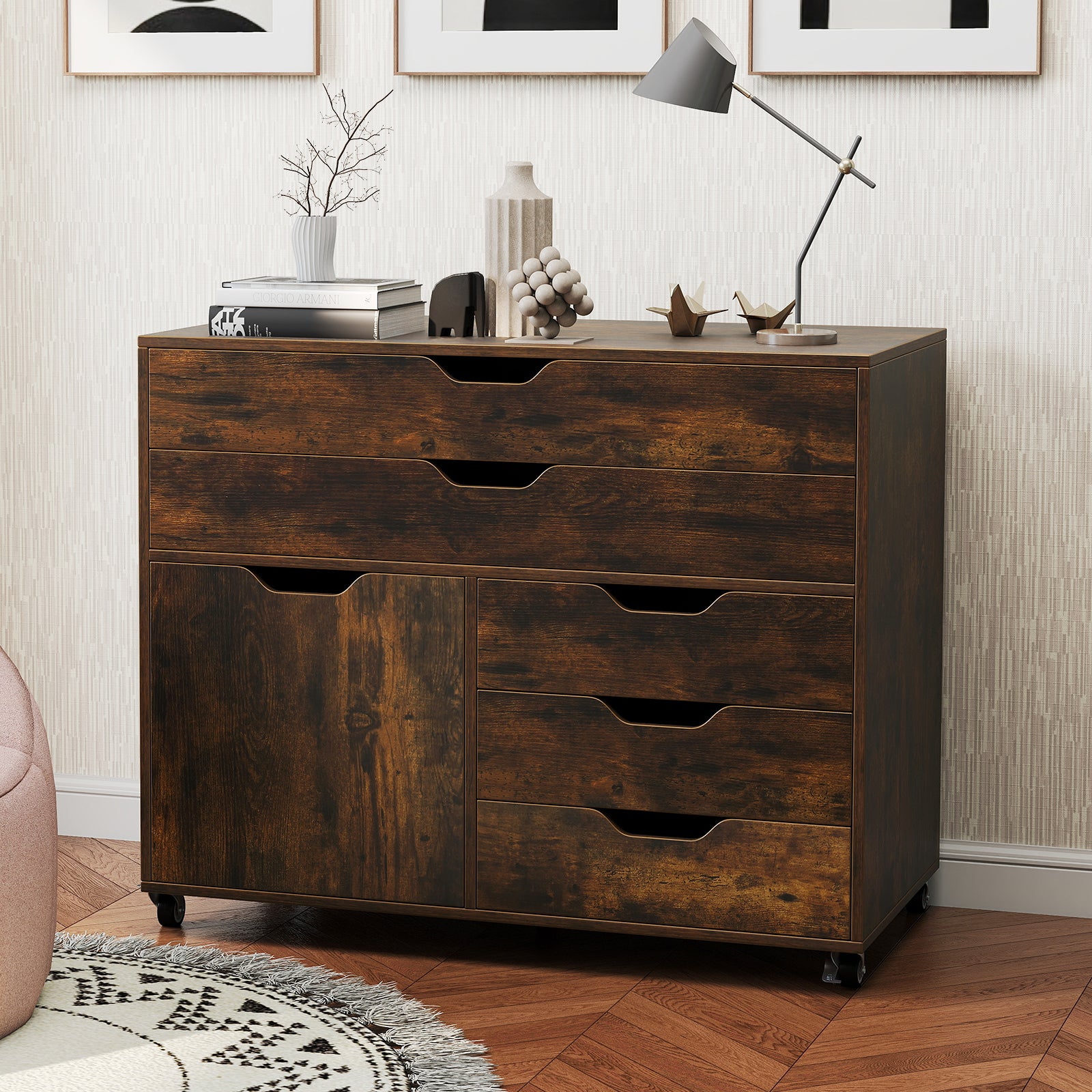 Modern Vertical 5-Drawer Mobile Chest with Door 5 Casters, Brown File Cabinets at Gallery Canada