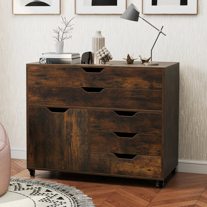 Modern Vertical 5-Drawer Mobile Chest with Door 5 Casters, Brown File Cabinets at Gallery Canada