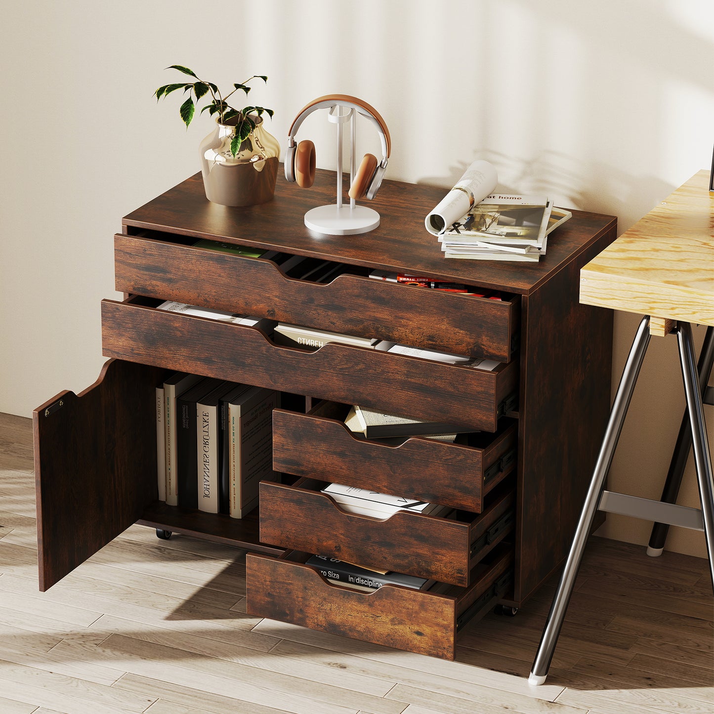 Modern Vertical 5-Drawer Mobile Chest with Door 5 Casters, Brown File Cabinets at Gallery Canada