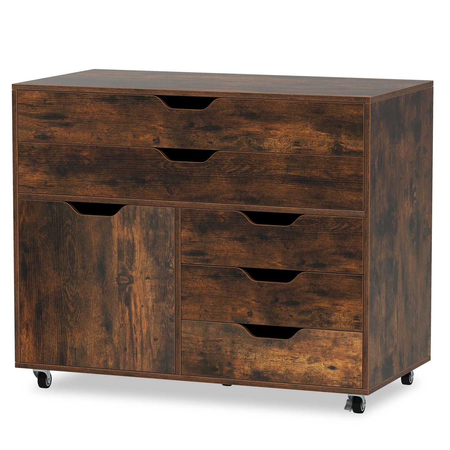 Modern Vertical 5-Drawer Mobile Chest with Door 5 Casters, Brown File Cabinets Brown at Gallery Canada
