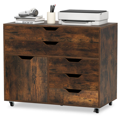 Modern Vertical 5-Drawer Mobile Chest with Door 5 Casters, Brown File Cabinets at Gallery Canada
