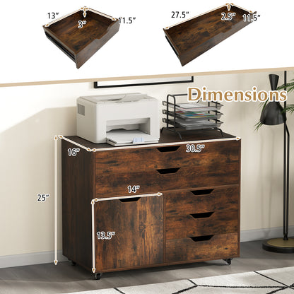 Modern Vertical 5-Drawer Mobile Chest with Door 5 Casters, Brown File Cabinets at Gallery Canada