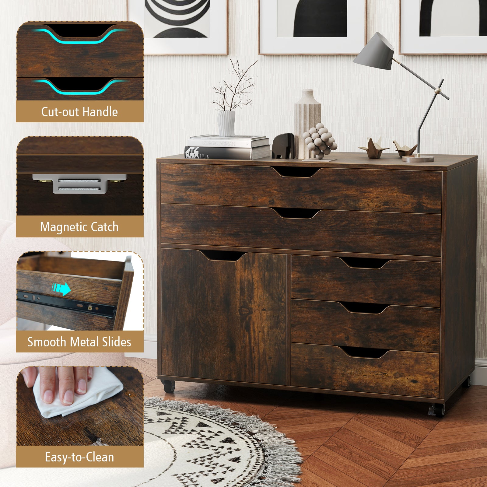 Modern Vertical 5-Drawer Mobile Chest with Door 5 Casters, Brown File Cabinets at Gallery Canada